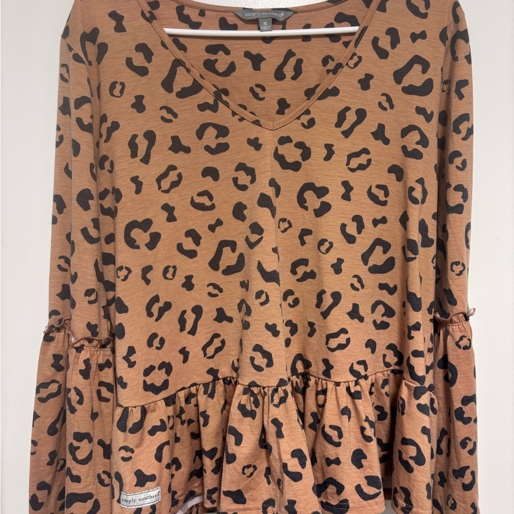 Simply Southern Brown Leopard Print Peplum Blouse - Picture 1 of 6